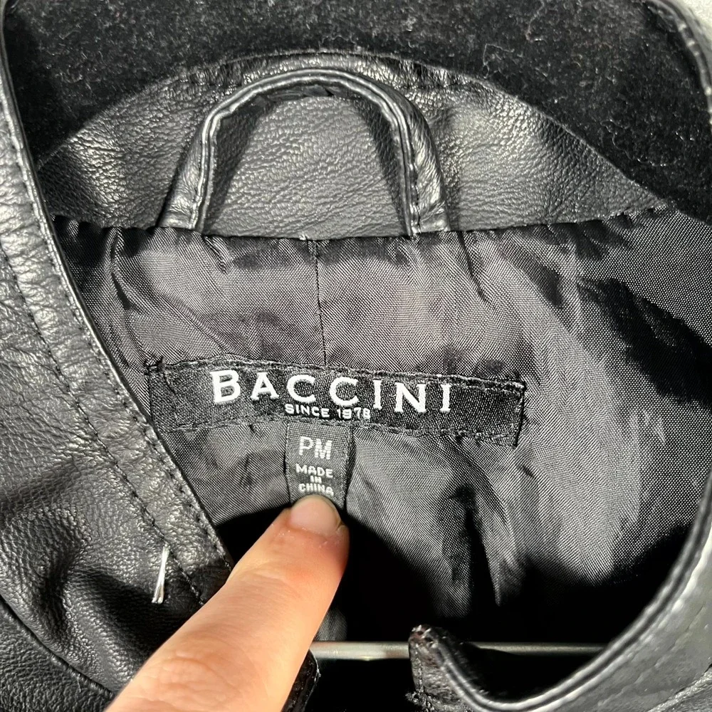 Baccini Motorcycle Jacket‎ Womens Medium Black Faux Leather Lined Mock Neck